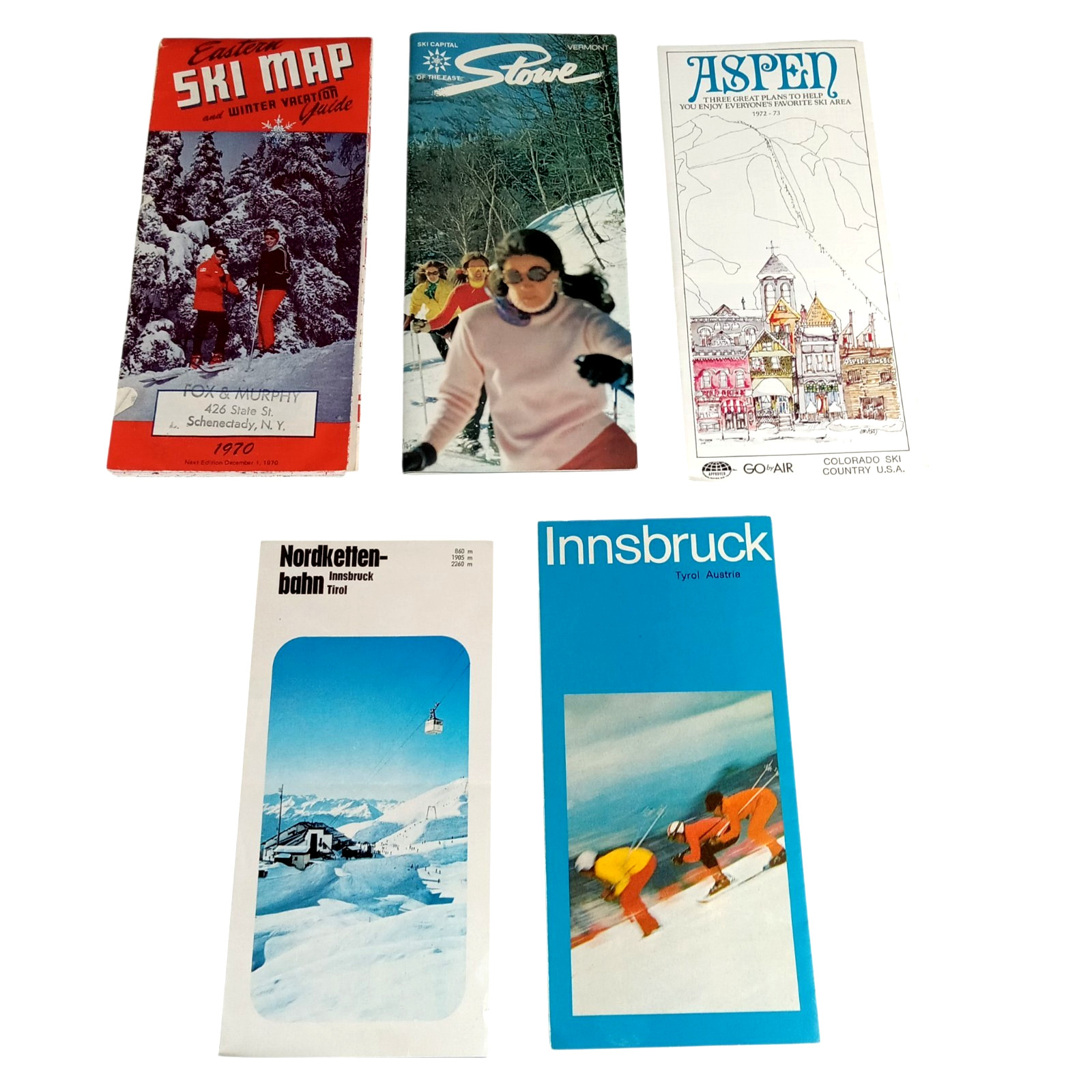 Lot of 5 Vintage 70\'s 1970\'s Ski Resort Brochure Map Guide Skiing US & Austria 