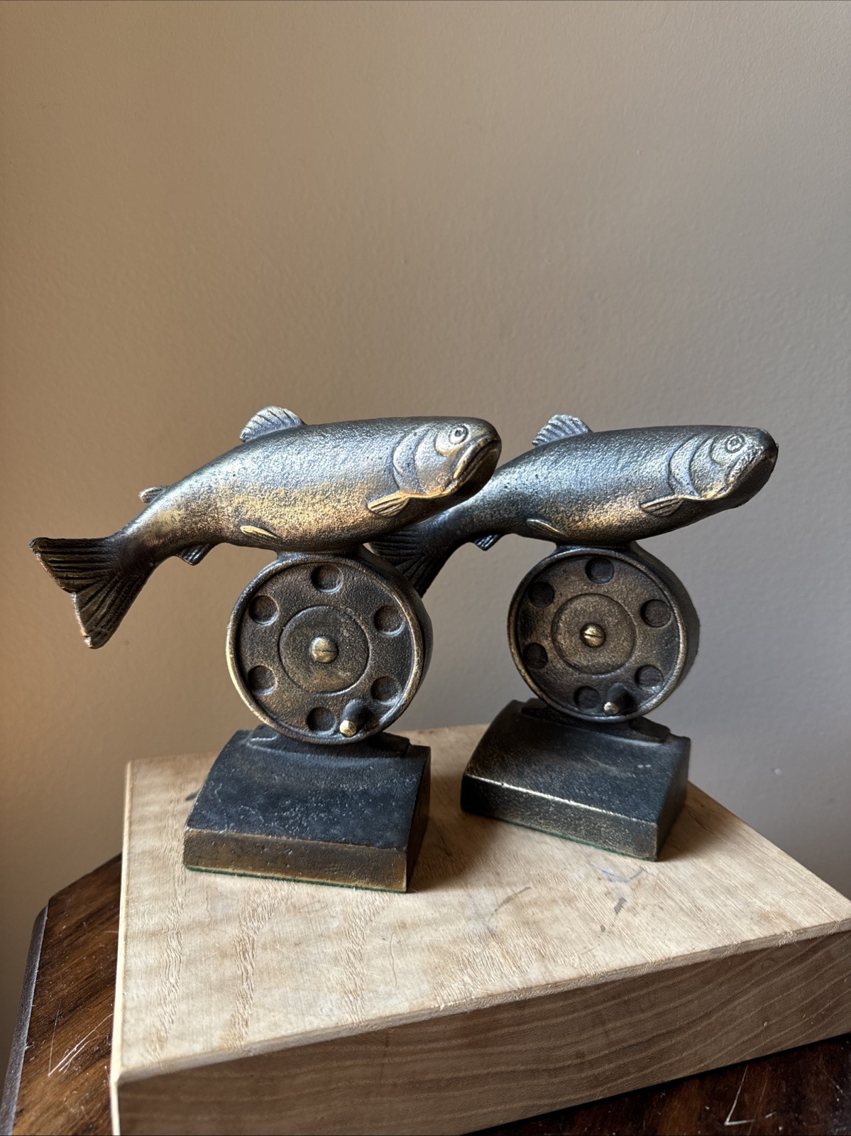 Vintage Trout Unlimited BMC Bookends Fly Fishing Reel Sport Fish Bronze RARE