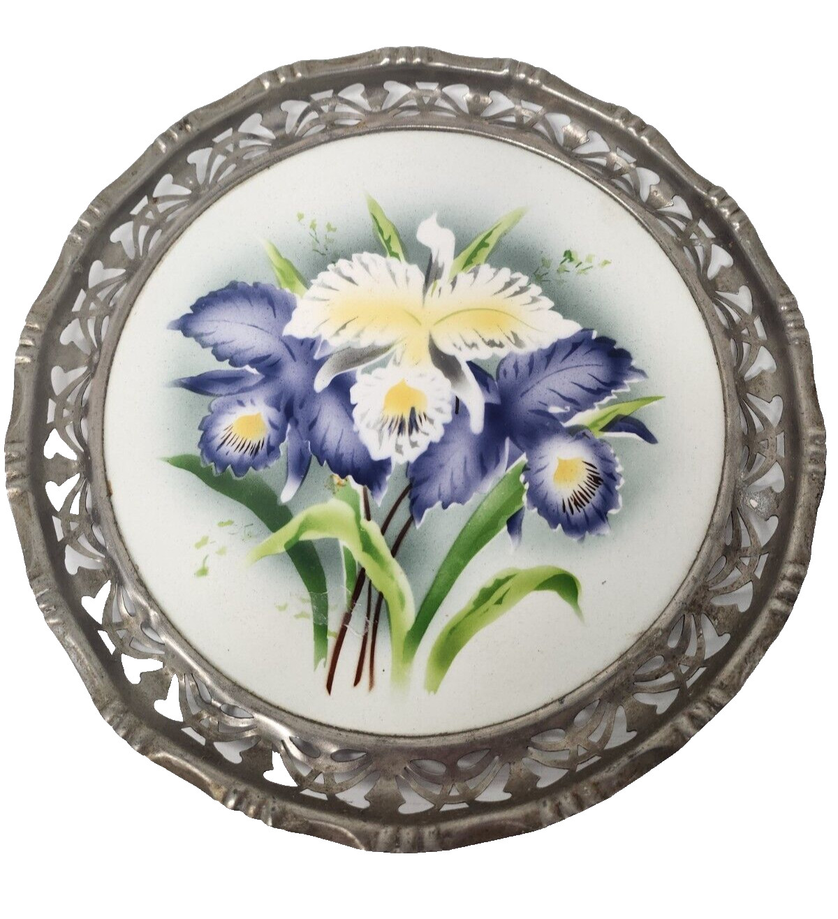 Antique Max Dannhorn Fine Porcelain Serving Tray Metal Ornate Frame Iris Design