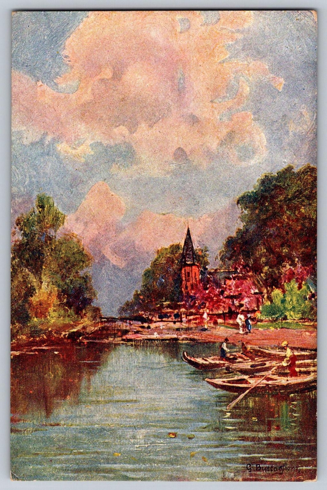 Vintage Italian Artist Postcard Buscaglione Landscape Boats Color Standard