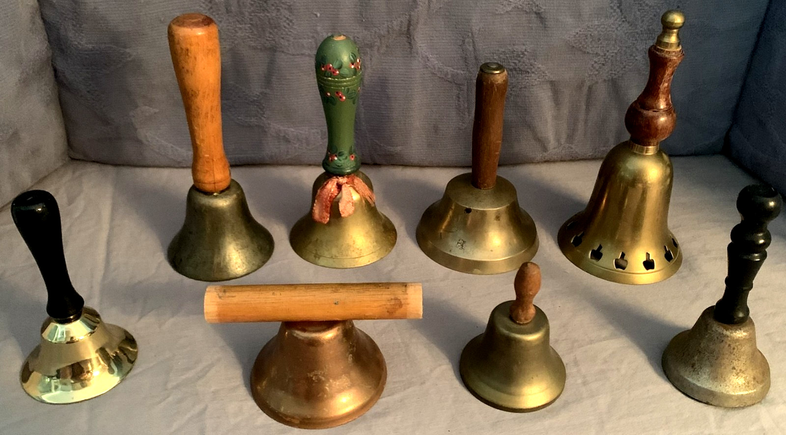 Great Lot  8  Vintage  Wood Handled  Bells  Many Designs & Sizes