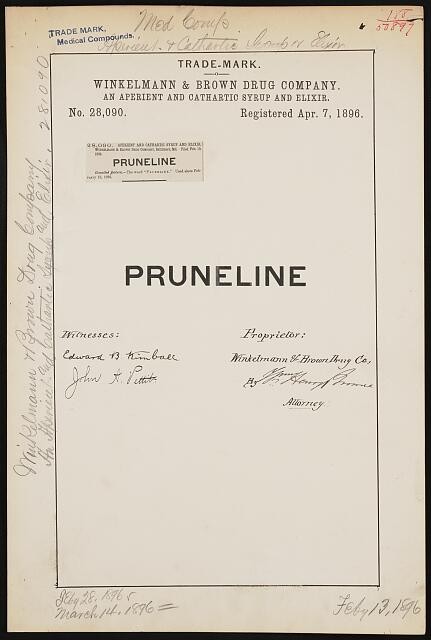 Photo:Winkelmann Brown Drug Co Pruneline Trademark 1896 Aperient Syrup