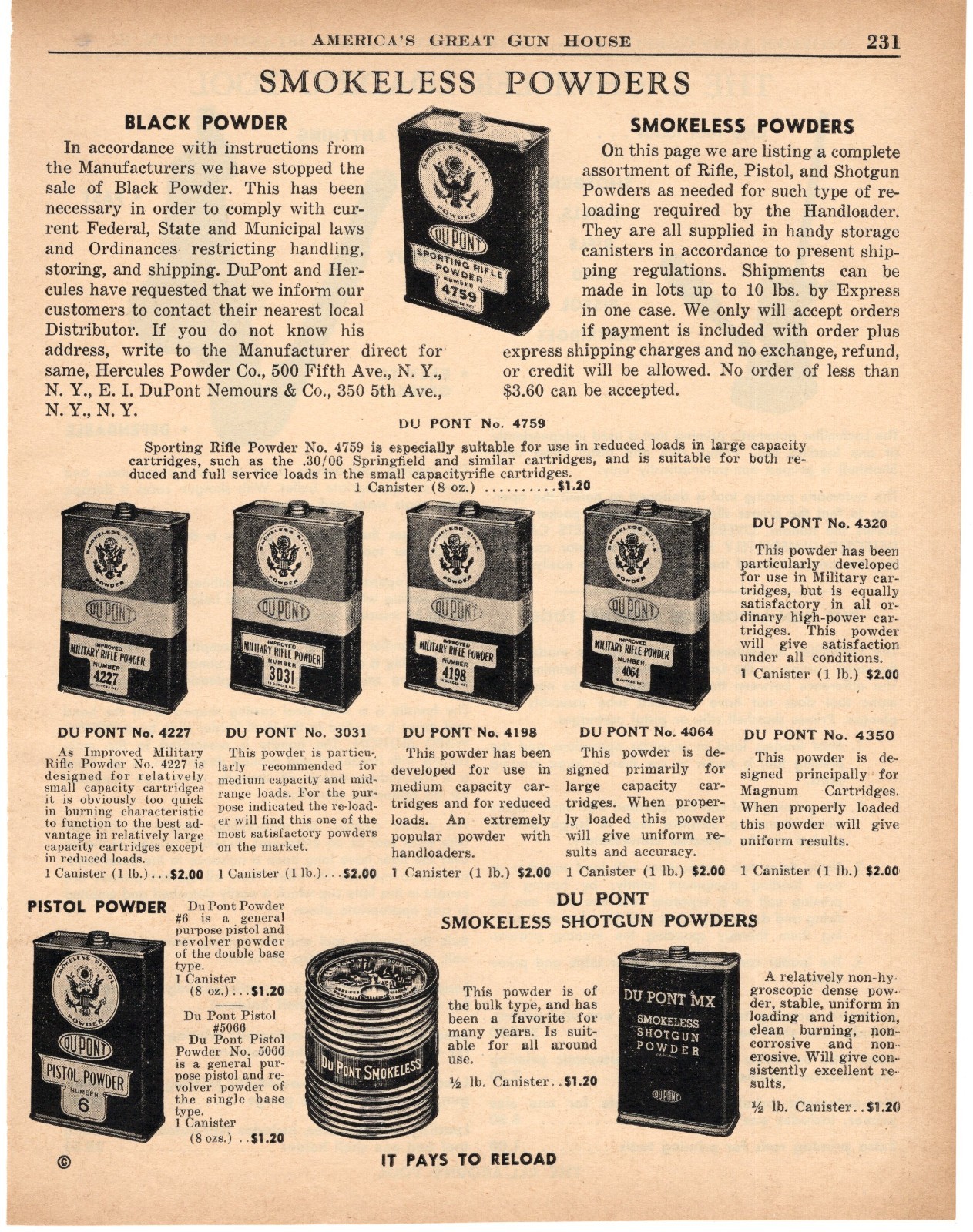 1955 Print Ad of DuPont Smokeless Powders, Sporting & Military Rifle Powder