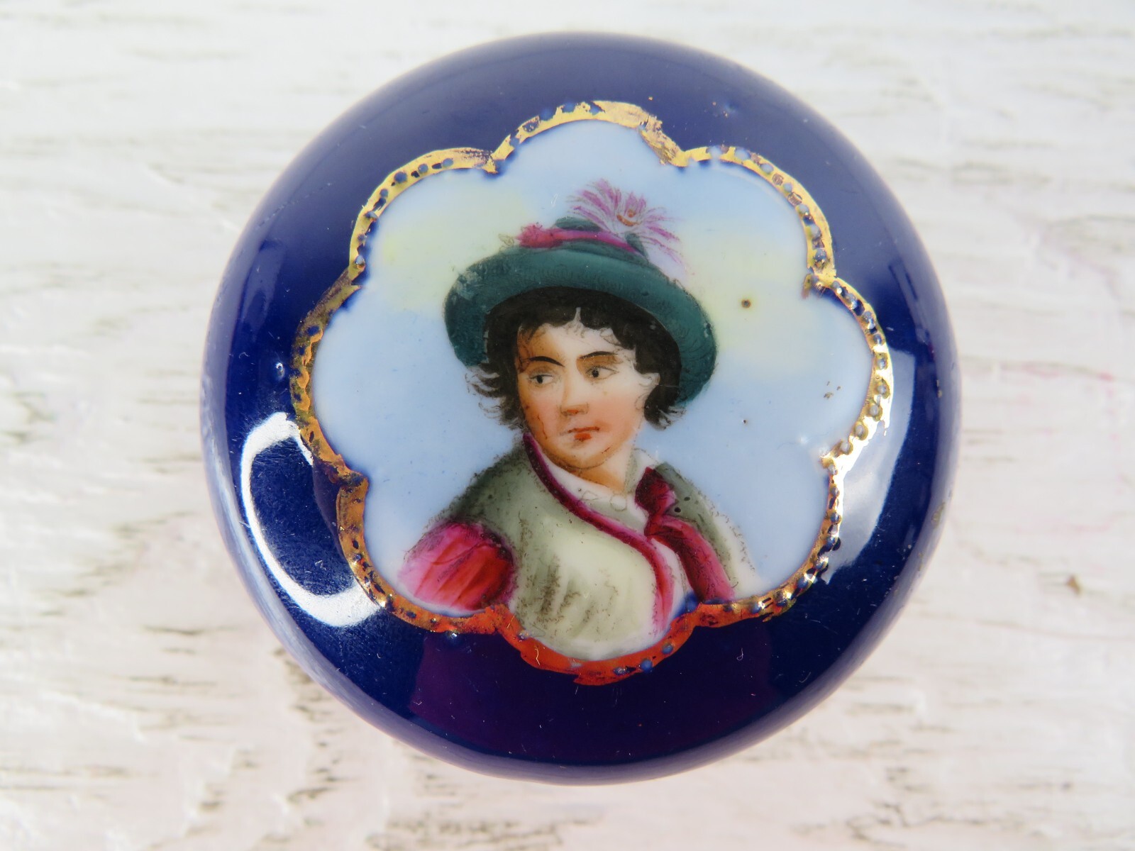 Royal Blue Medallion Cobalt Trinket Dish With Lid Germany Cameo Woman Gold Trim