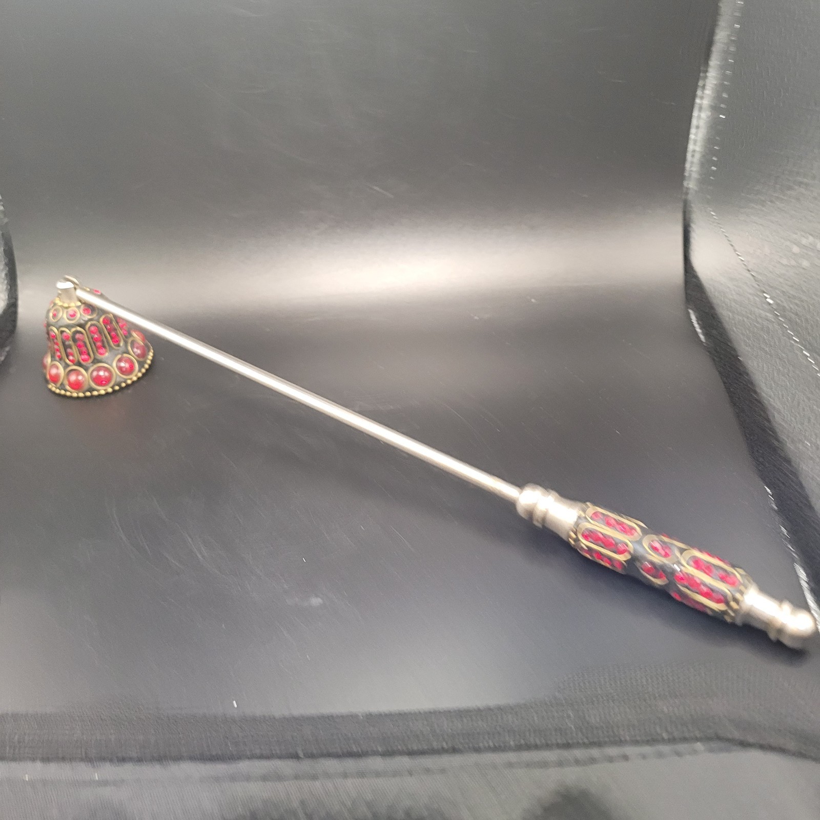 Vintage Ornate Silverplated Red Jeweled Candle Snuffer 12”