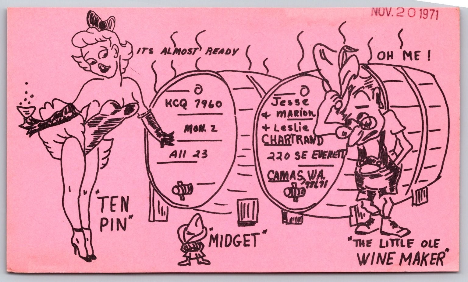 1971 Humorous Cartoon Wine Maker Ten Pin Midget Camas WA Charlotte NC B37