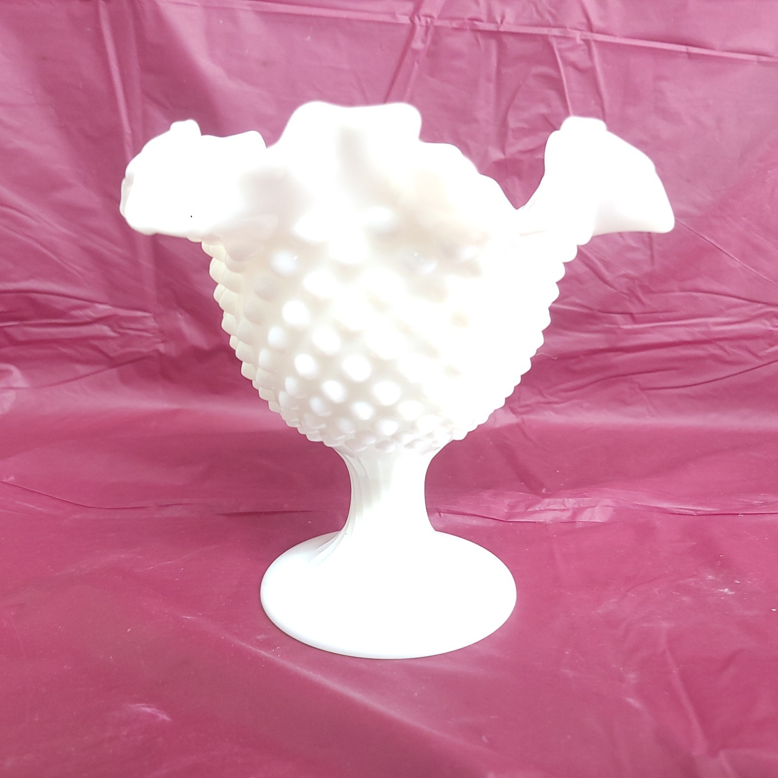 Vintage White Milk Glass Hobnail Ruffled Edge Compote Candy Dish