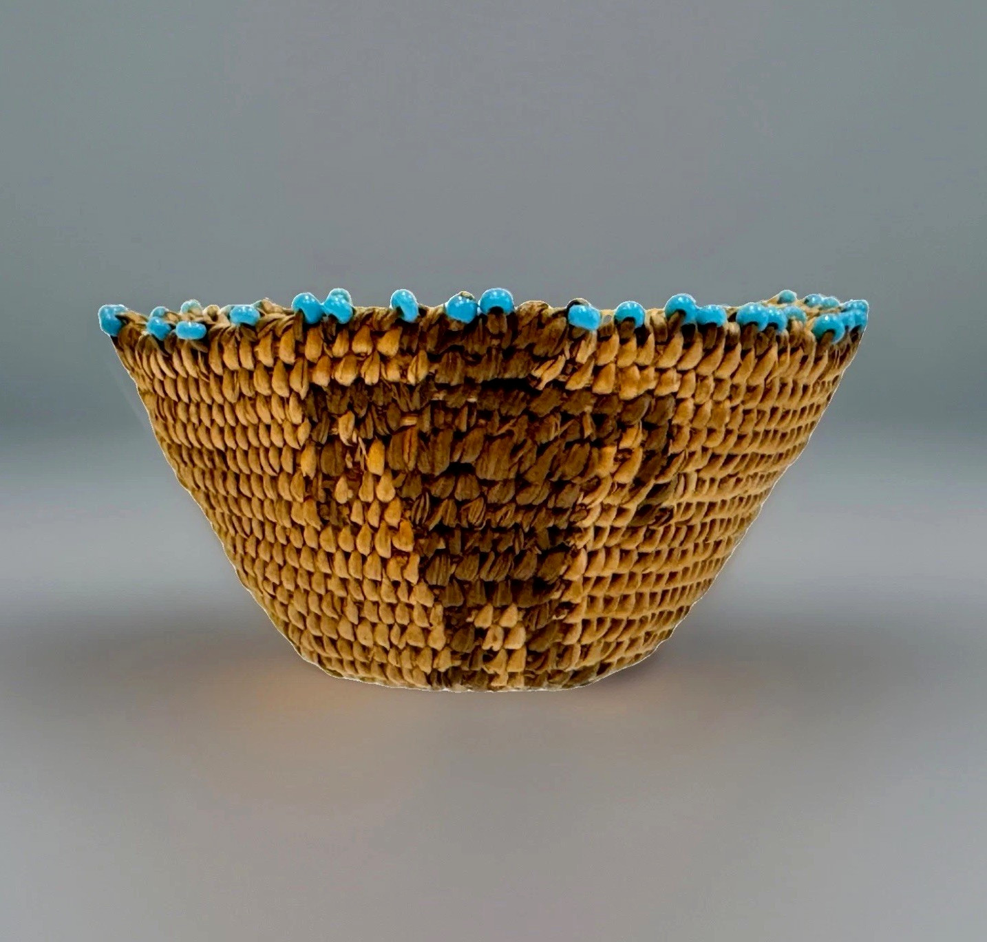 Antique Pima or Pomo Miniature Coiled Basket Turquoise Beads Native American