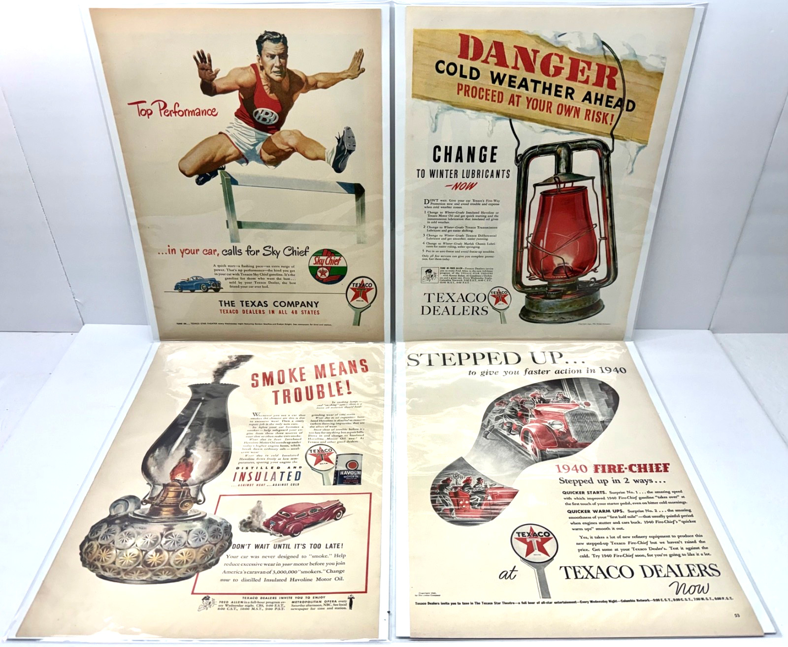 Texaco Print Ad Lot 1940 1941 1948 Red Lantern Smoke Fire Chief Hurdle Jumper