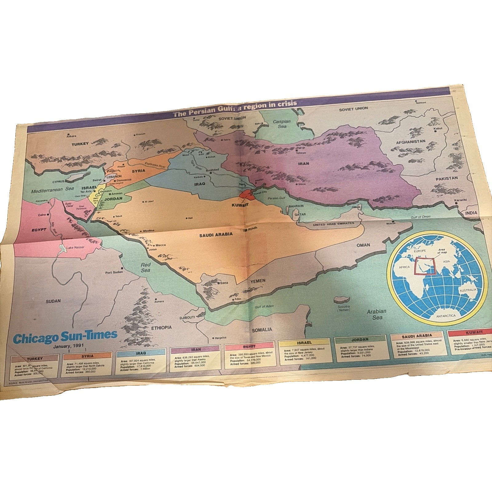 Vintage 1991 Golf War Map The Persian Gulf a Region in Crisis Desert Storm AP Vintage 1991 Golf War Map The Persian Gulf a Region in Crisis Desert Storm AP