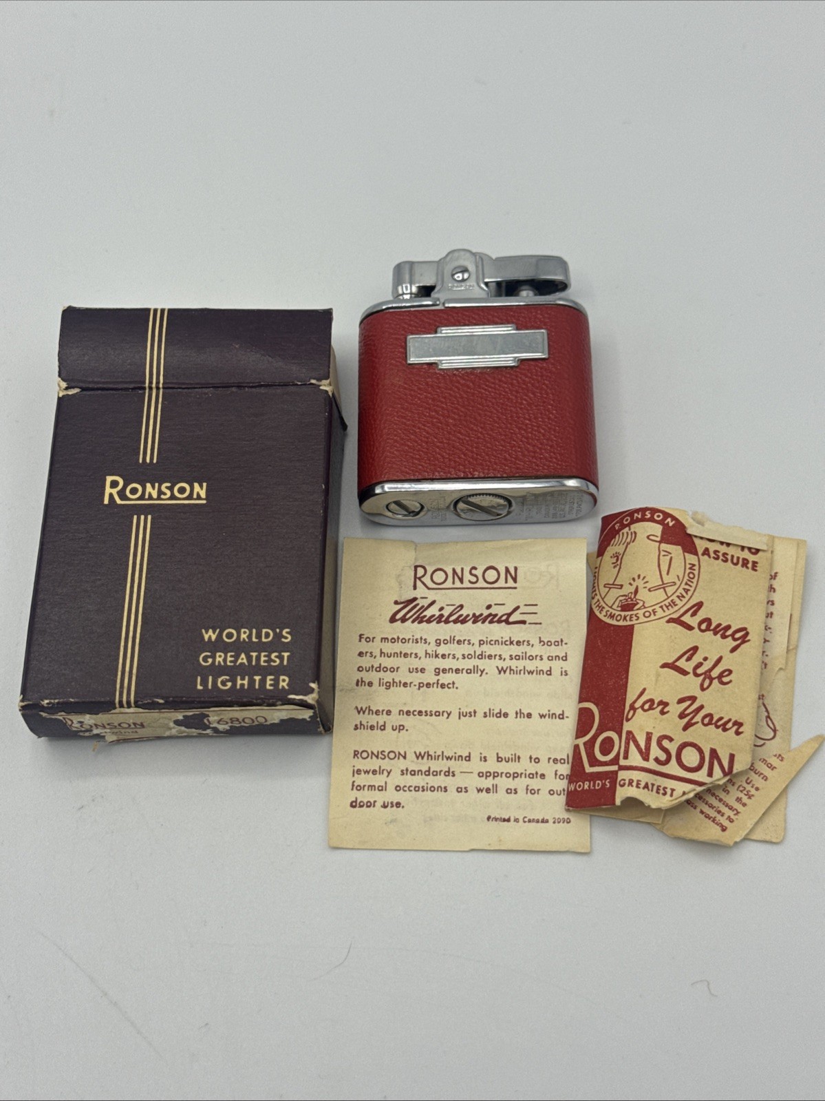 Ronson Toronto Canada Whirlwind Chromium Finish Metal Red Pocket Lighter Box 