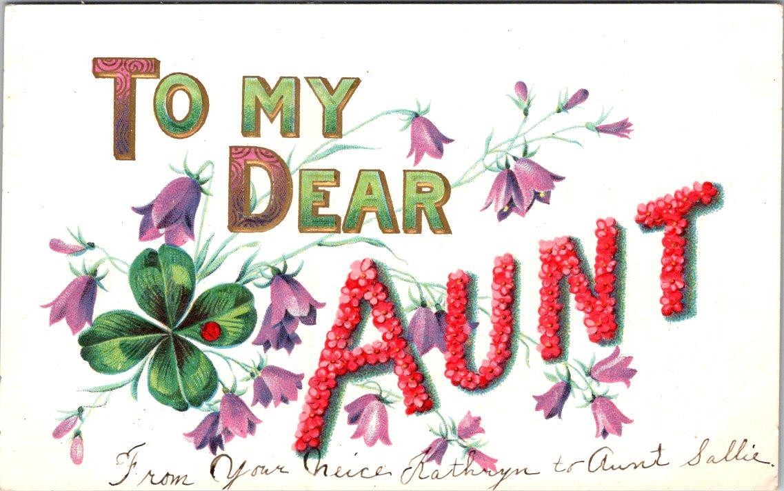 1910s TO MY DEAR AUNT LADYBUG 4 LEAF CLOVER EMBOSSED VICTORIAN ANTIQUE POSTCARD