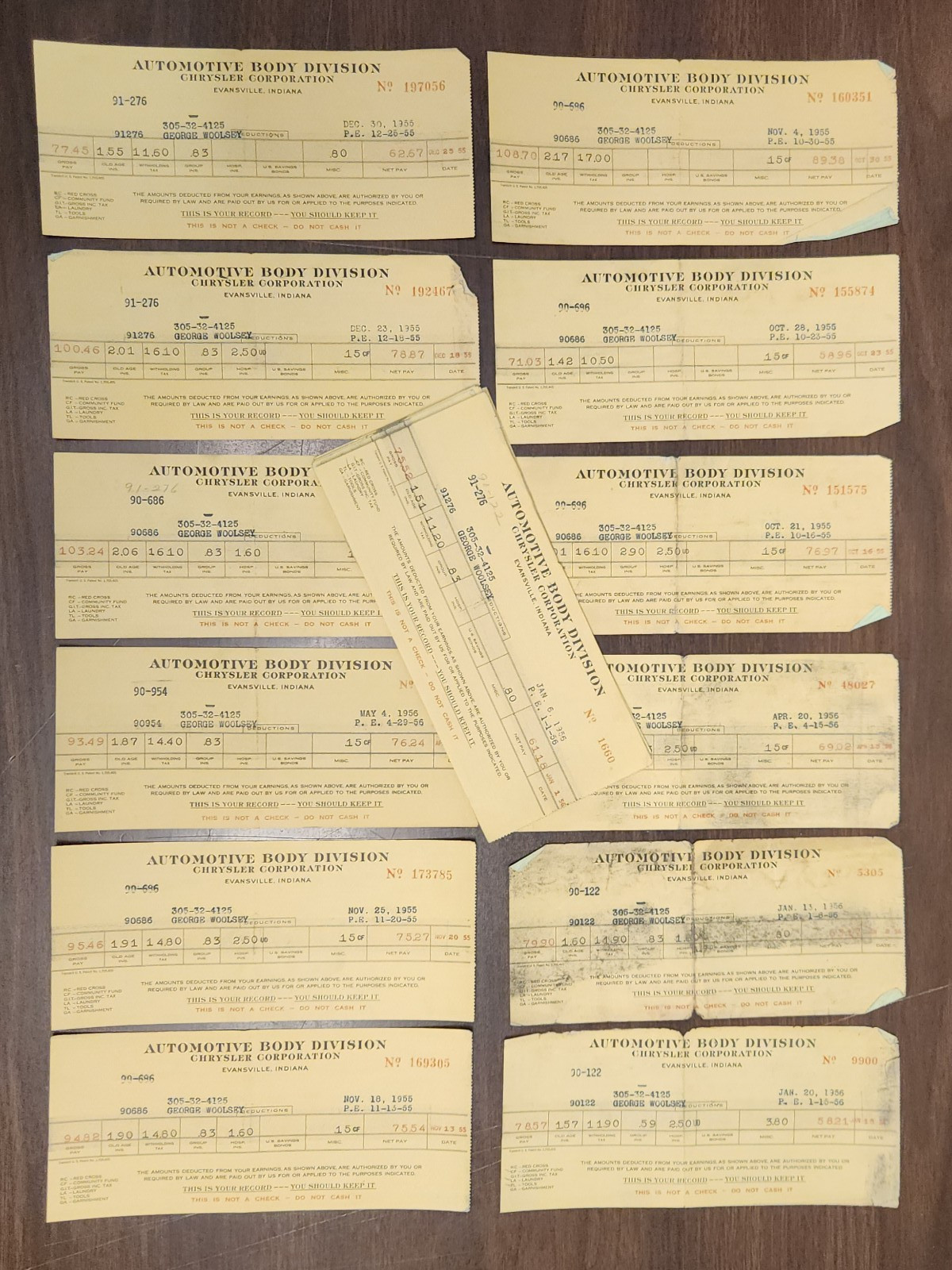 Lot of 28 Vintage Chrysler Automotive Body Division Pay Check Stubs 1955-56