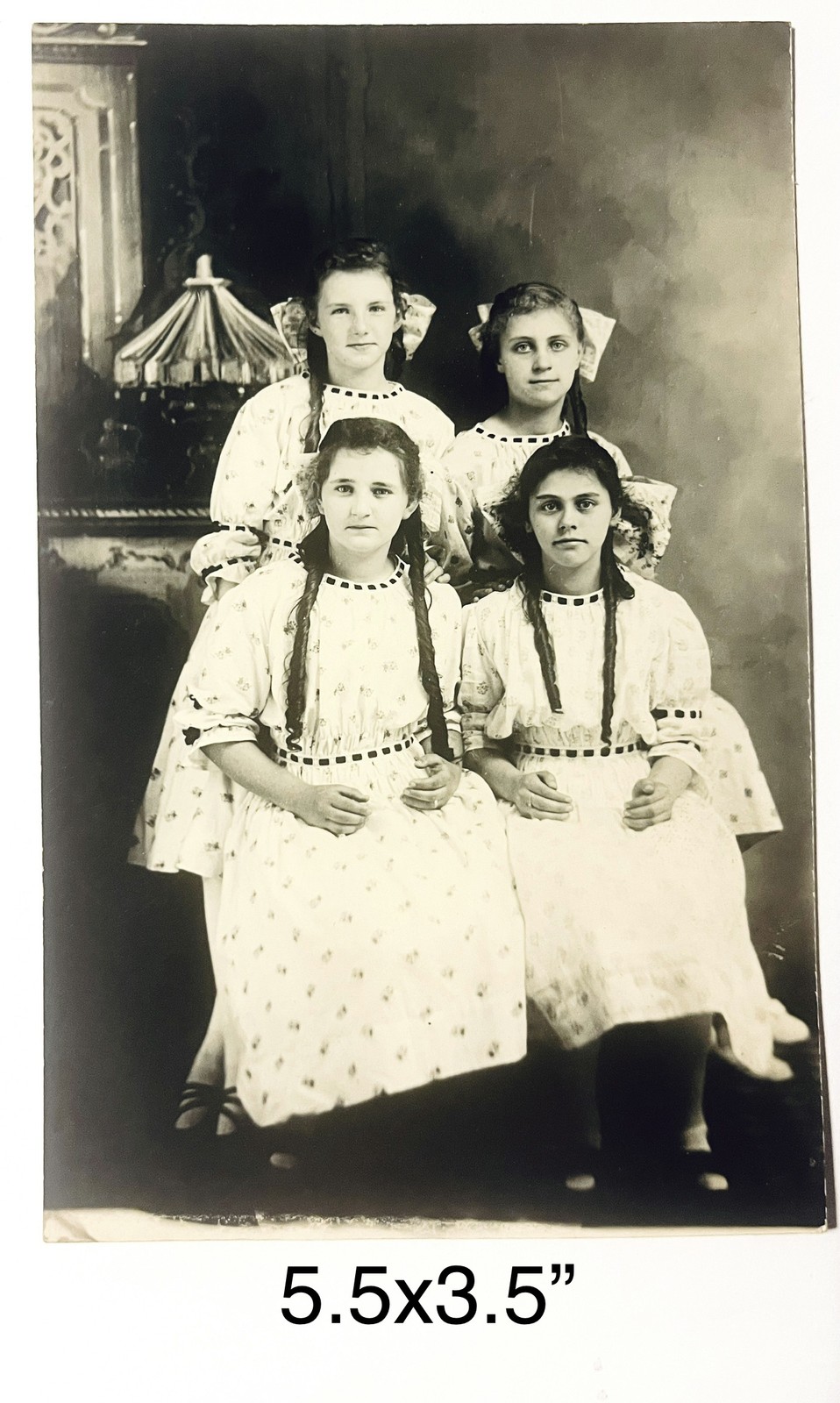 Antique RPPC Photograph Four Girls in Braids Bows & Dresses - Postcard