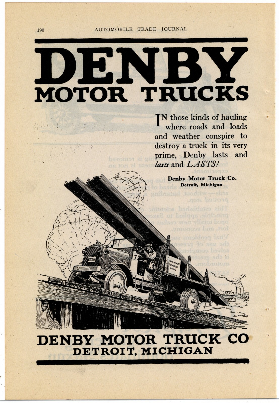 1920 Denby Motor Trucks of Detroit, Michigan Ad: Swift McNutt Co. Boston Truck