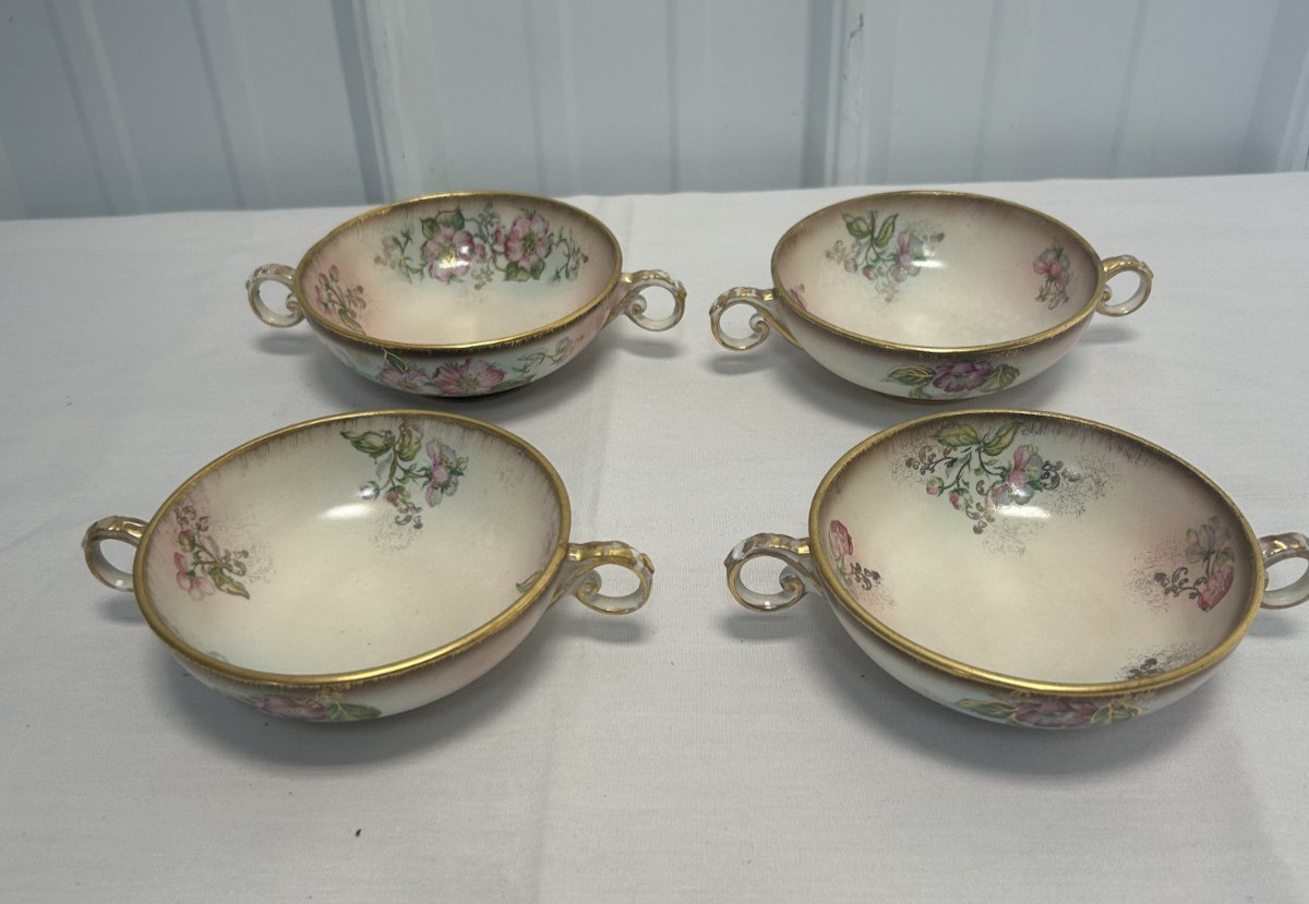 (4) Vintage Zapun Lecot China Dusty Blossom Two Handle Dessert bowl 5\