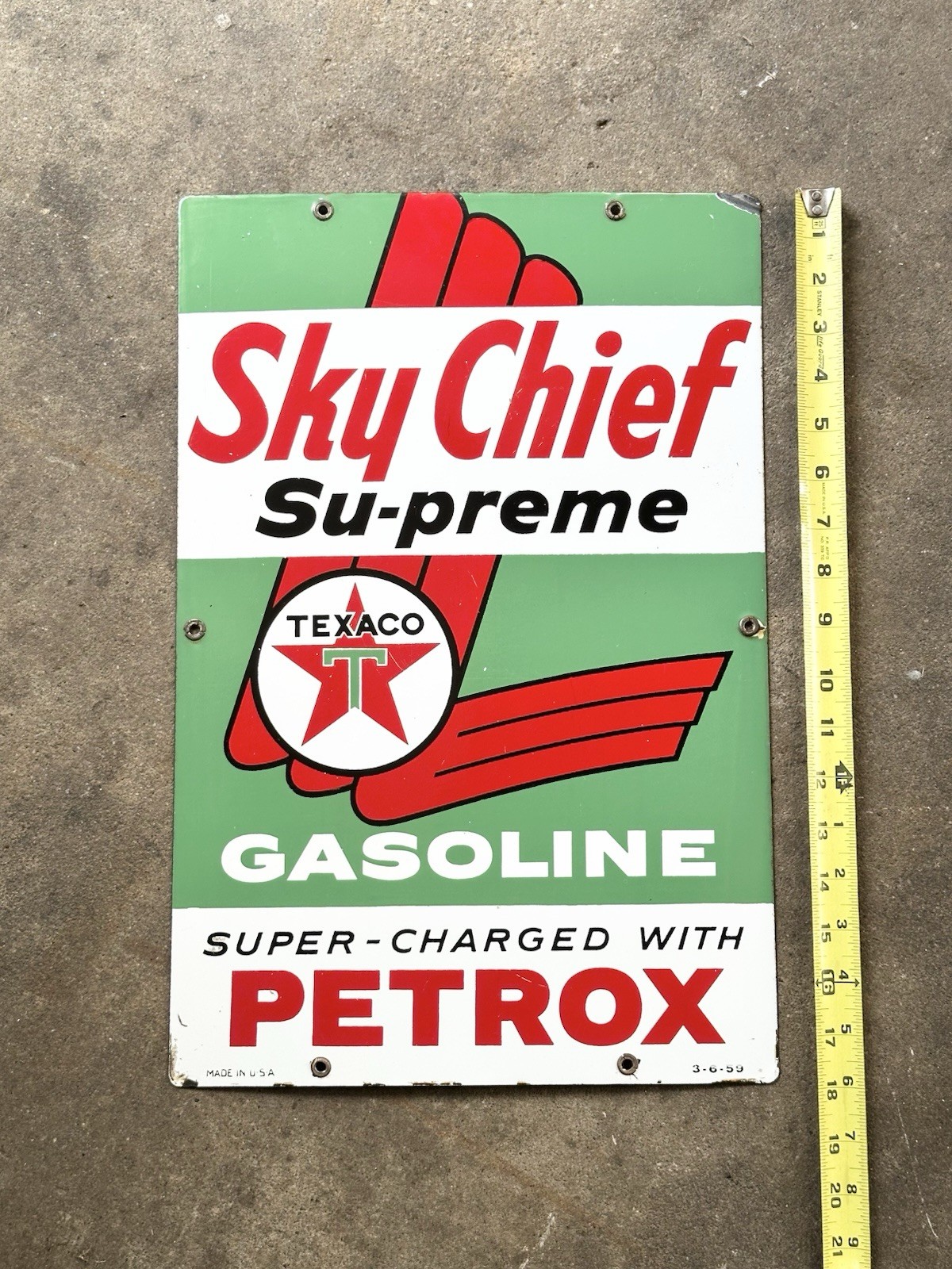 1959 Texaco Sky Chief Su-preme Gasoline Porcelain Sign Super-Charged Petrox 18” 1959 Texaco Sky Chief Su-preme Gasoline Porcelain Sign Super-Charged Petrox 18”