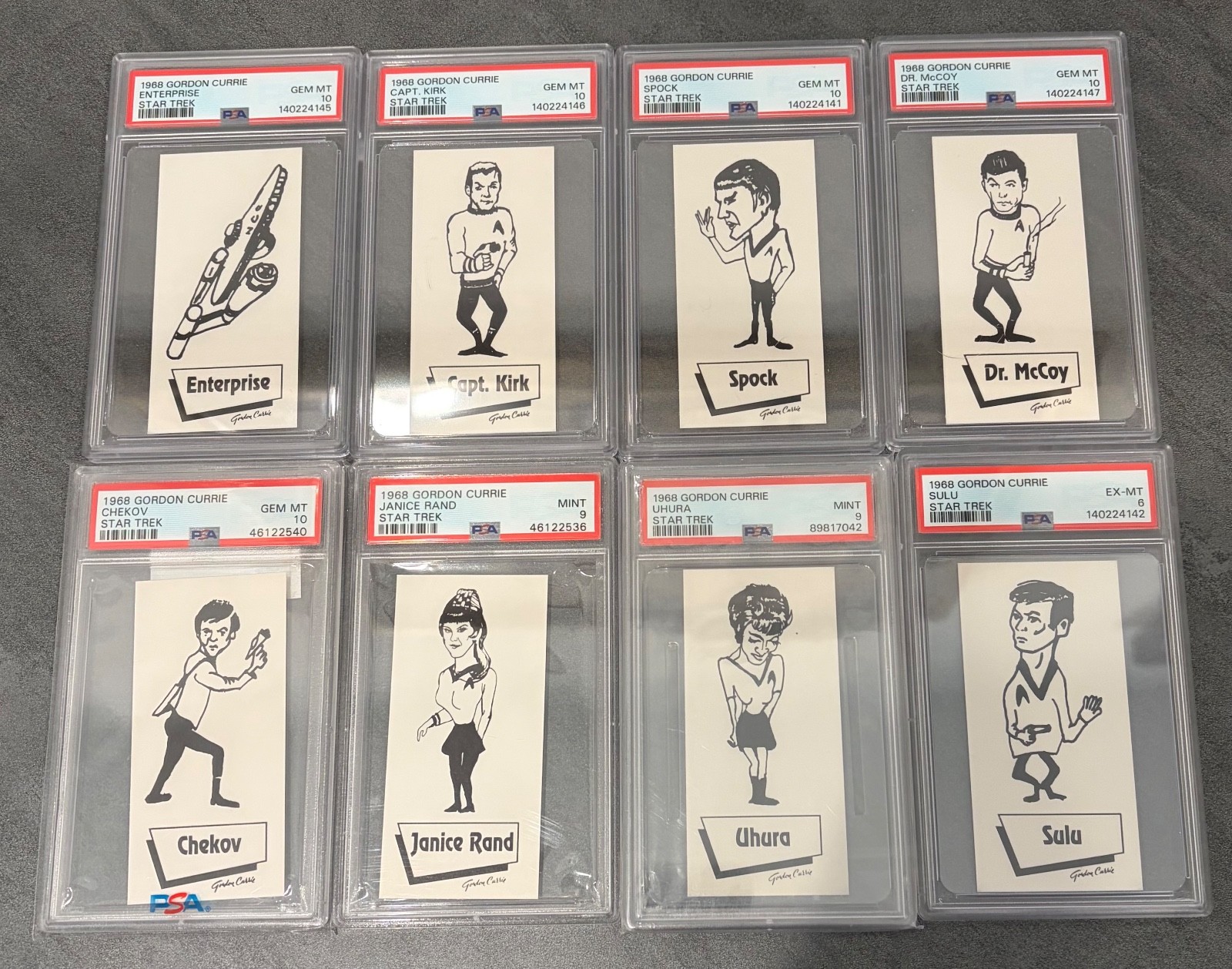 1968 Gordon Currie Star Trek Complete Set Of 8 Cards Kirk, Spock ,Enterprise PSA