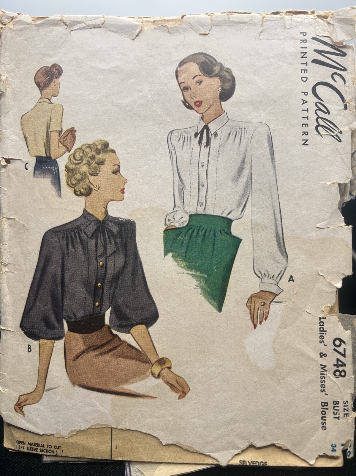 RARE Vtg 40\'s McCall\'s 6748 Sewing Pattern Size 16 34 Blouse Shirt Variations