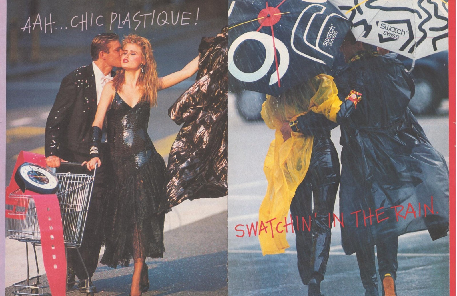 Vintage 1985 Swatch Watch Print Ad Chic Plastique Swatchin' In The Rain 2 Pages