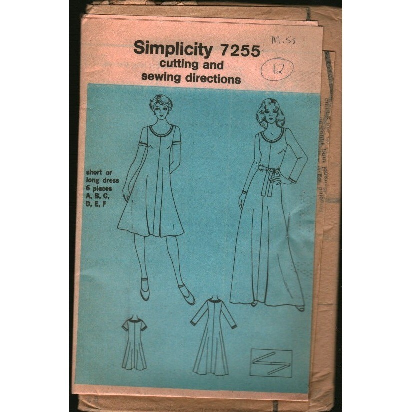 Vintage Simplicity 7255 Sewing Pattern Misses Short or Long Dress Size 12 1970s Vintage Simplicity 7255 Sewing Pattern Misses Short or Long Dress Size 12 1970s