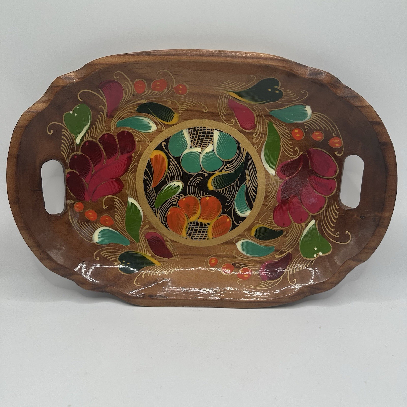 Vintage Mexican Wood Tray Hand Painted Floral Farmhouse Folk Art Oval 13\