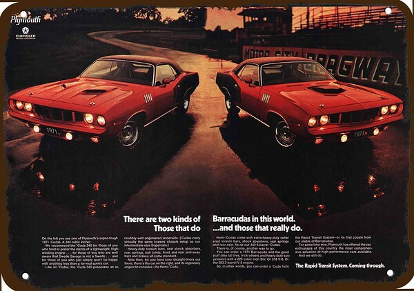 1971 PLYMOUTH BARRACUDA 340 & HEMI CUDA Vntg-Look DECORATIVE REPLICA METAL SIGN