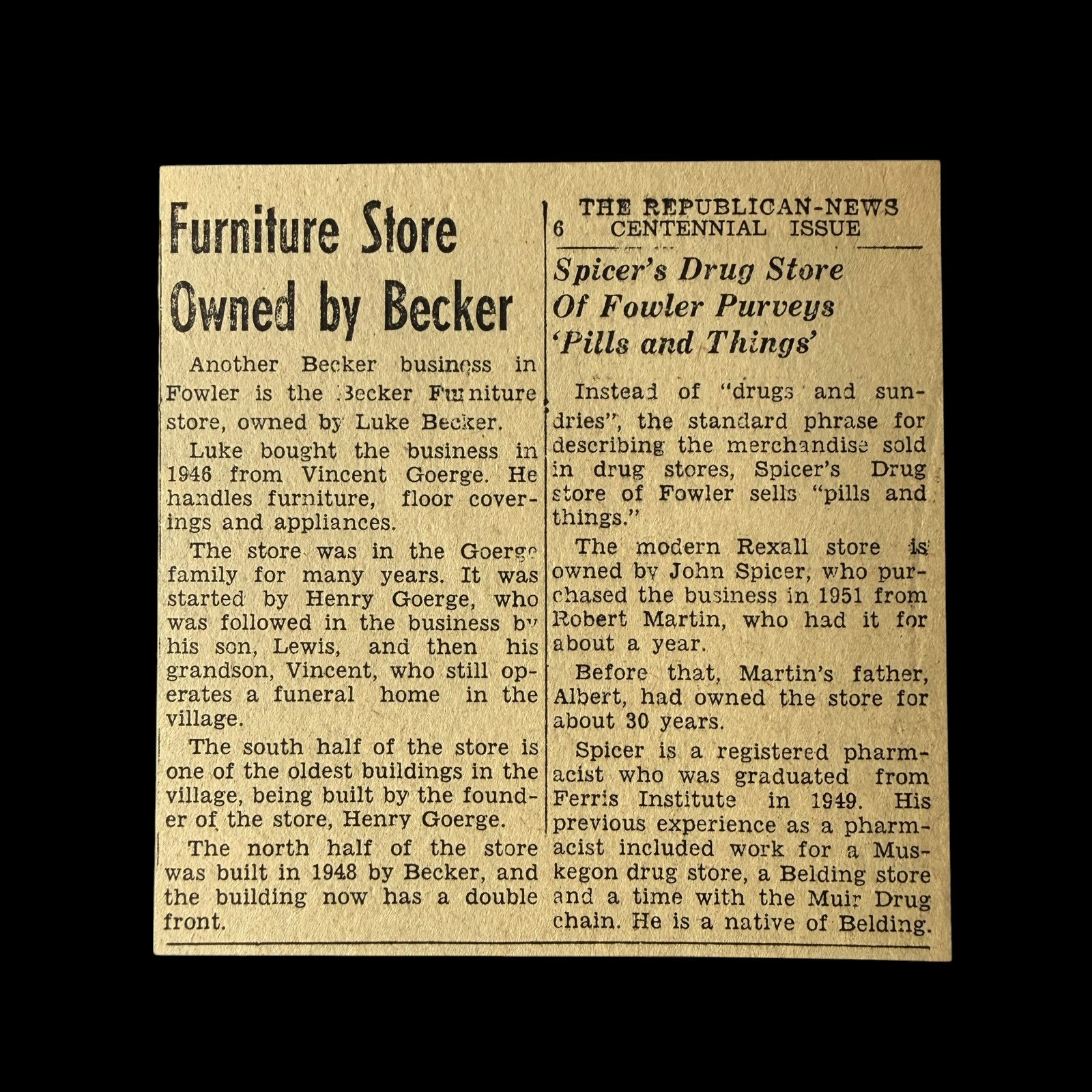 Vintage Fowler Michigan Spicers Rexall Drug Becker Furniture Catholic Clipping
