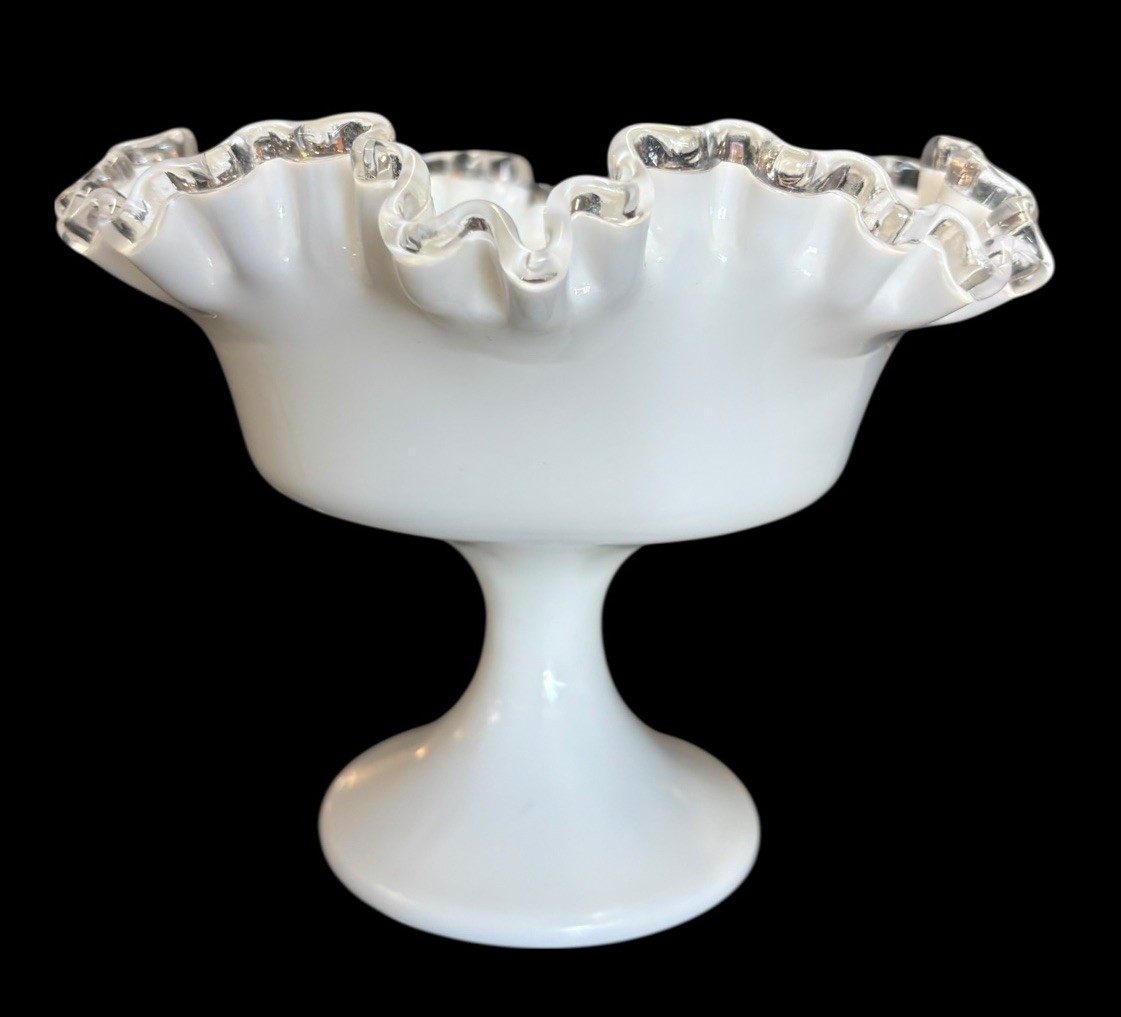 Fenton Silvercrest Compote Milk Glass Pedestal Base Scalloped Ruffled Clear Rim