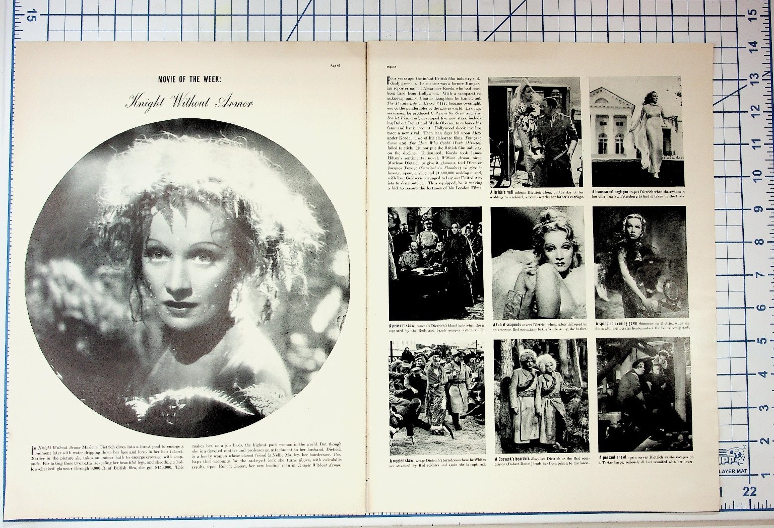 1937 Marlene Dietrich Knight Without Armor Movie Magazine Page Ephemera