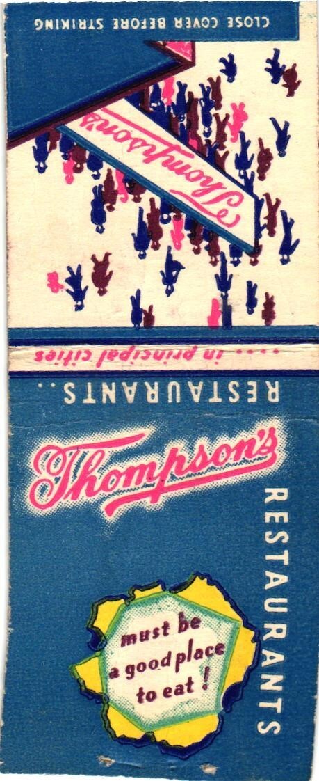 Thompson\'s Restaurants Vintage Matchbook Cover 1940s-60s Chain Thompson\'s Restaurants Vintage Matchbook Cover 1940s-60s Chain