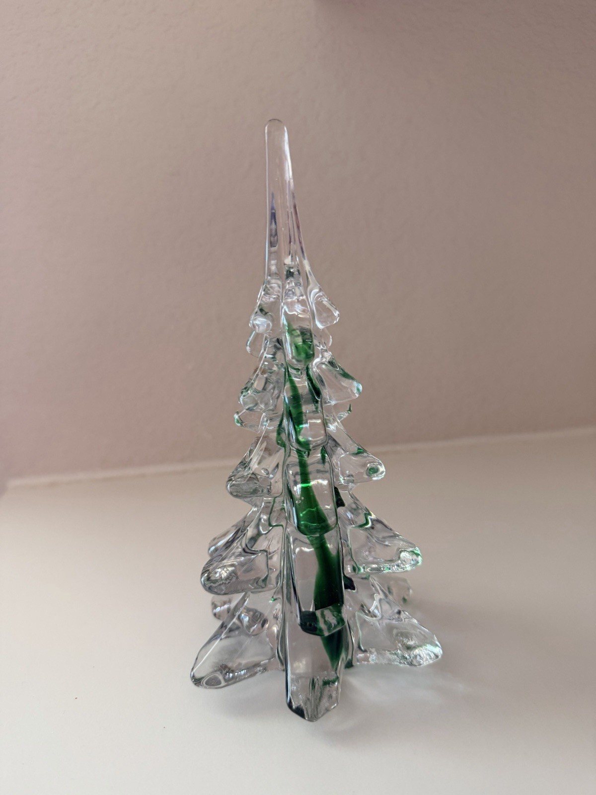 Silvestri Hand Blown Art Glass Christmas Tree Clear Green Swirl 8”