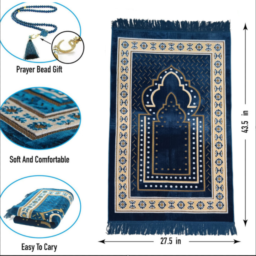 Blue Velvet Muslim Prayer Mat Rug Sajjadah + Prayer Beads Islamic Ramadan Gift