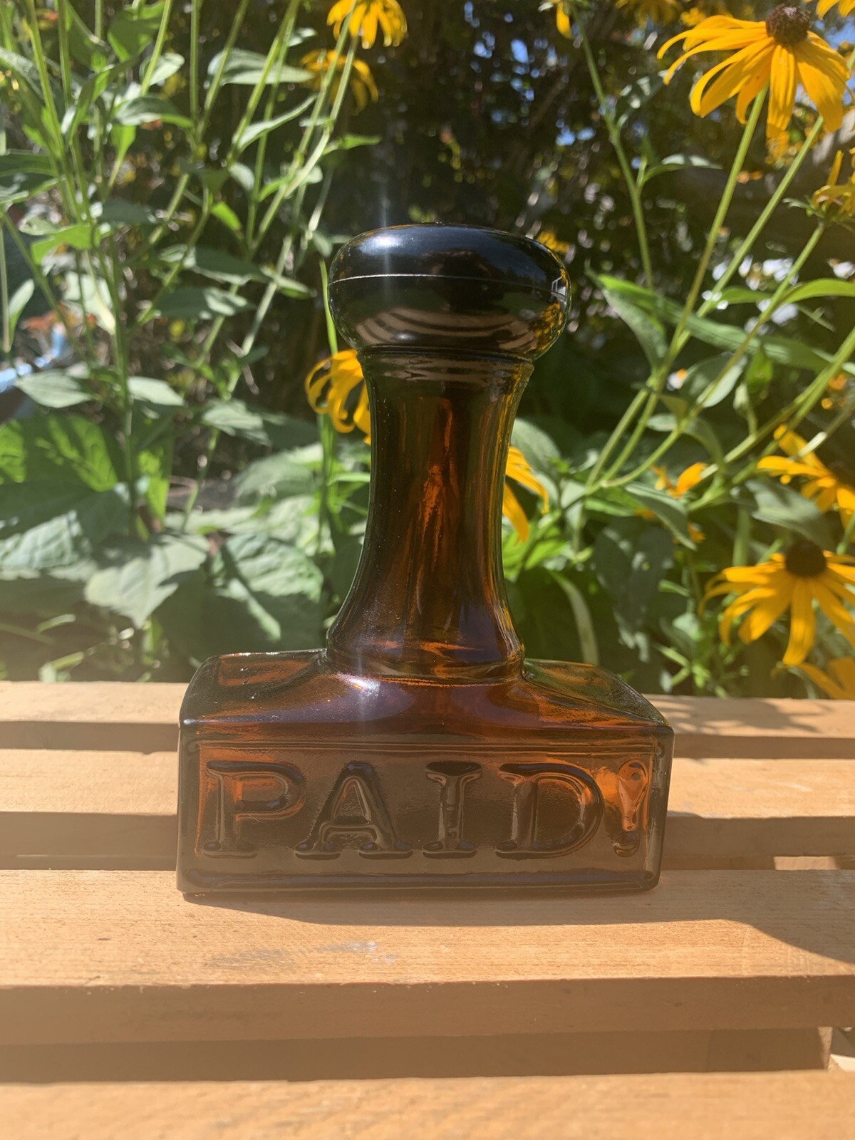 Vintage 5” Avon ”PAID” Stamp Cologne Bottle Empty Amber Decanter Rubber Stamp