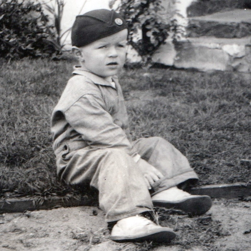 c1930s Toddler Boy Garrison Cap Overalls Snapshot Photo Art Deco Border Yard Vtg c1930s Toddler Boy Garrison Cap Overalls Snapshot Photo Art Deco Border Yard Vtg