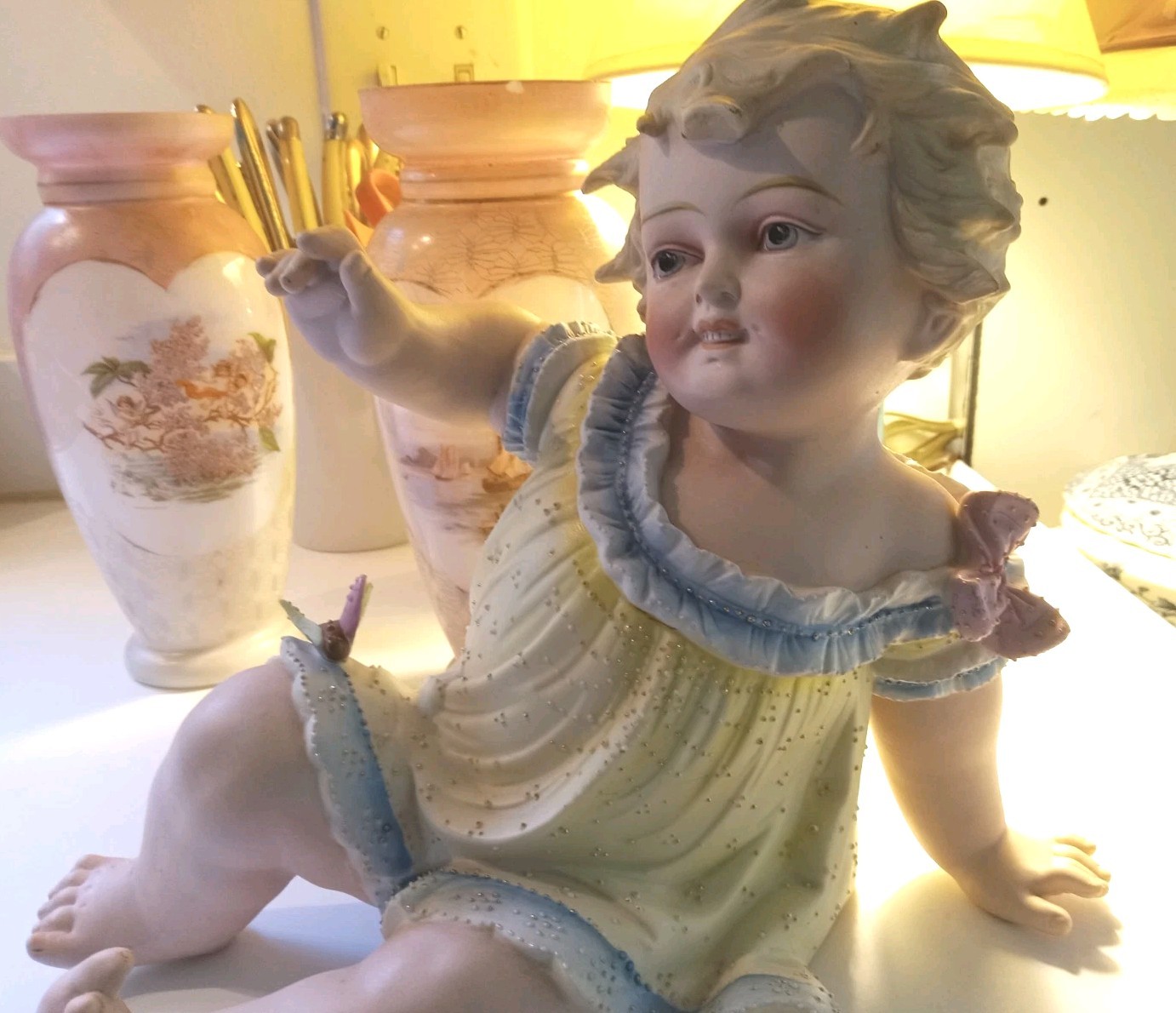 Antique Conta&Boehme BISQUE Porcelain PIANO Baby Figurine GIRL With Butterflies Antique Conta&Boehme BISQUE Porcelain PIANO Baby Figurine GIRL With Butterflies