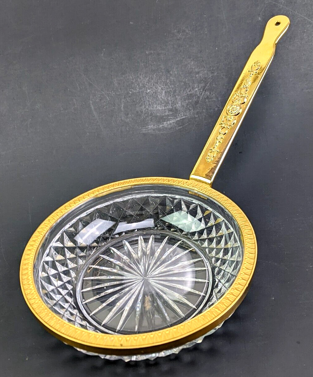 Vintage Crystal Pressed Glass Ladle Dish Gilt Metal Handle Large 6