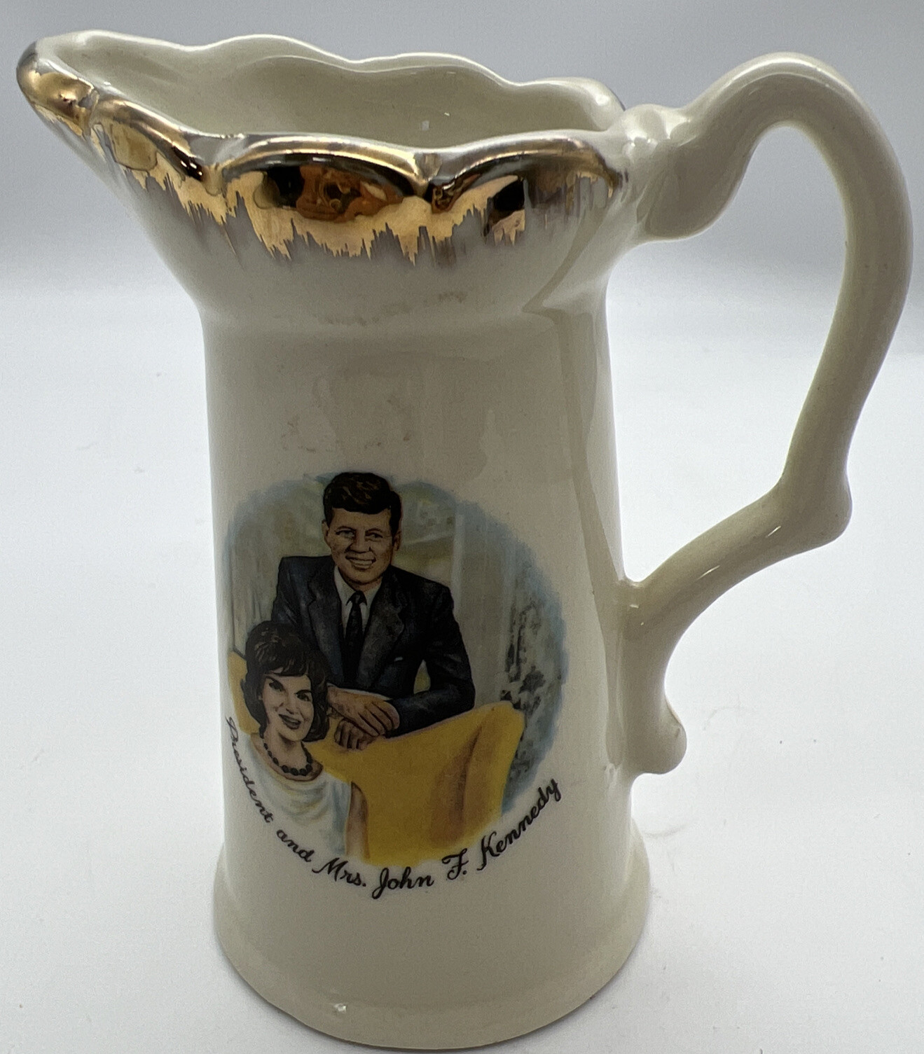 Vintage USA President John F Kennedy Creamer Gold Gilt History Pitcher