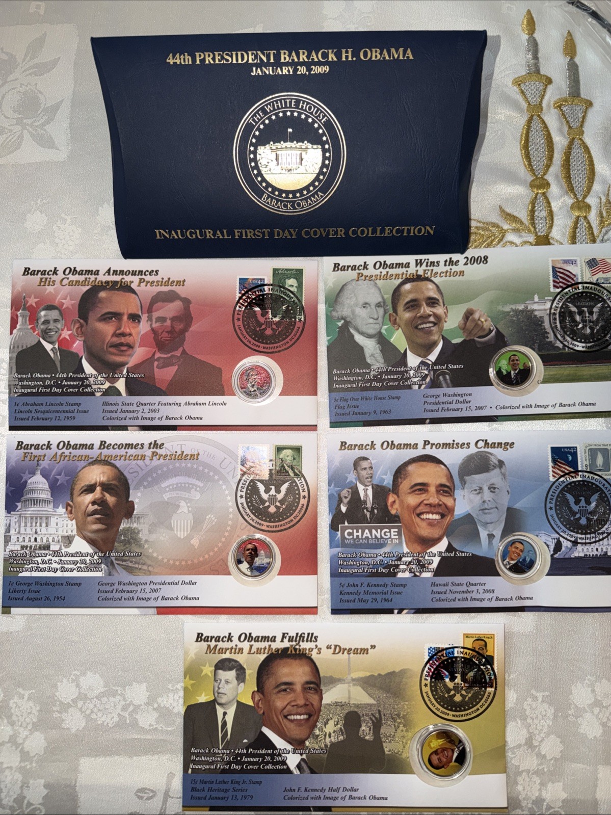 Barack Obama Inaugural First Day Cover Collection Set Of Five Coins With Stamps