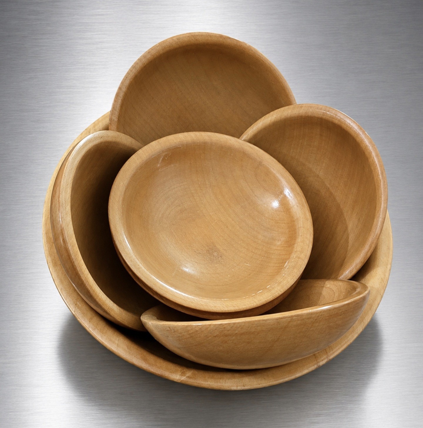 1946 Parrish USA, 7 Pcs Serving Salad Bowls Set - Triangle Logo Birch Wood- MCM