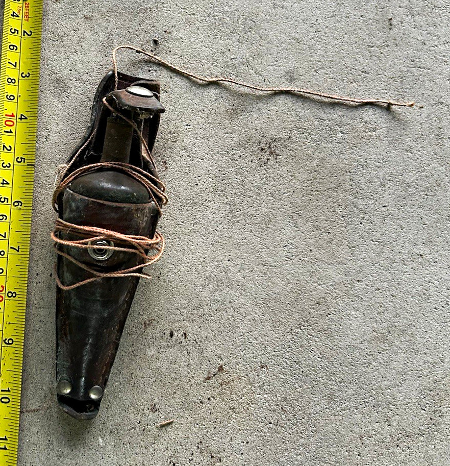 Vintage Original Metal Plumb Bob with String in Leather Holder