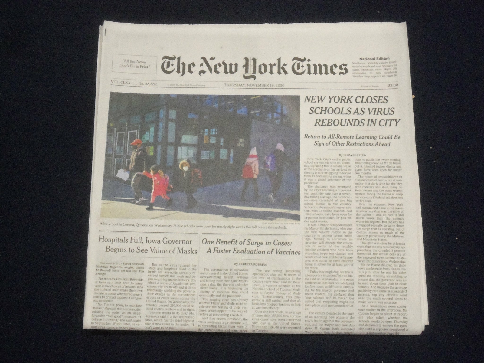 2020 NOVEMBER 19 NEW YORK TIMES - N.Y. CLOSES SCHOOLS AS VIRUS REBOUNDS IN CITY