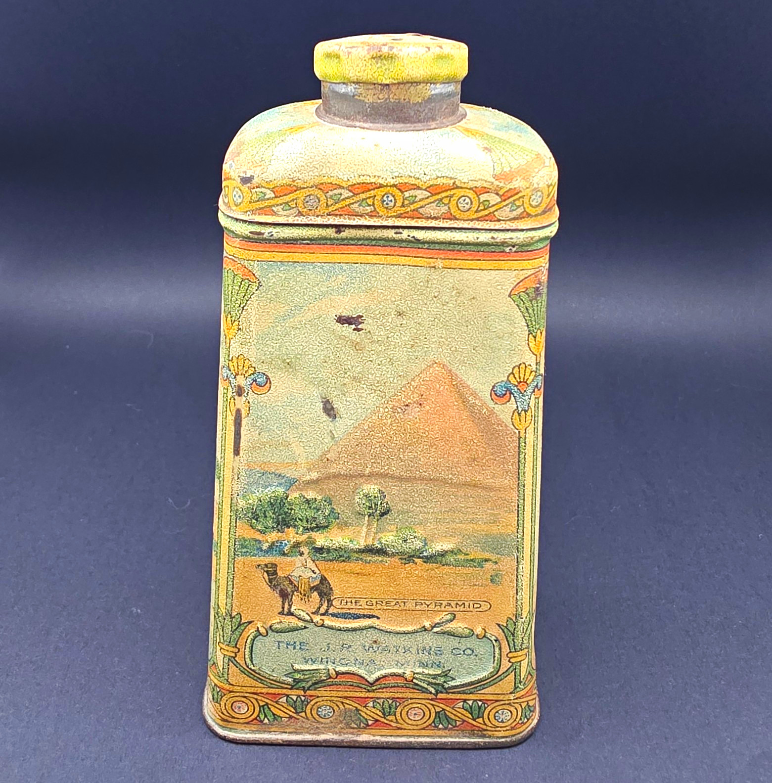 Antique 1920s Watkins Egyptian Bouquet Talcum Powder Tin Sphinx Pyramid Cairo
