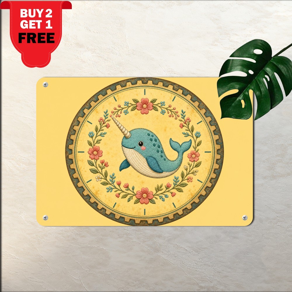 Whimsical Ocean Narwhal Dial Design Tin Sign Floral Nursery Metal Plaque