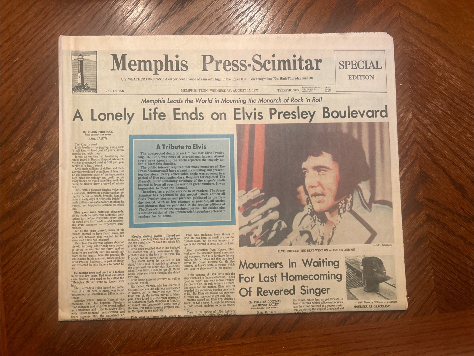 Elvis Presley Death- Memphis Press Scimitar Newspaper Special Ed Aug 17, 1977