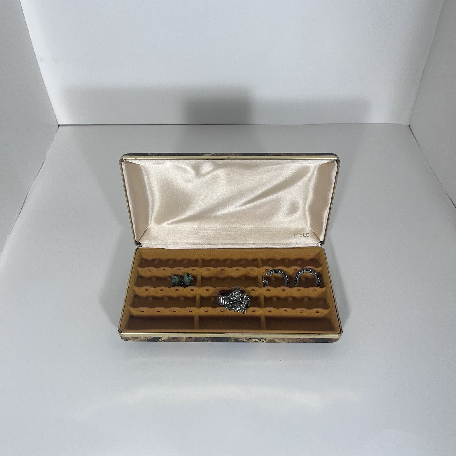 Vtg Mele Earring Jewelry Box Organizer Travel Case HardShell Case Brown Gold