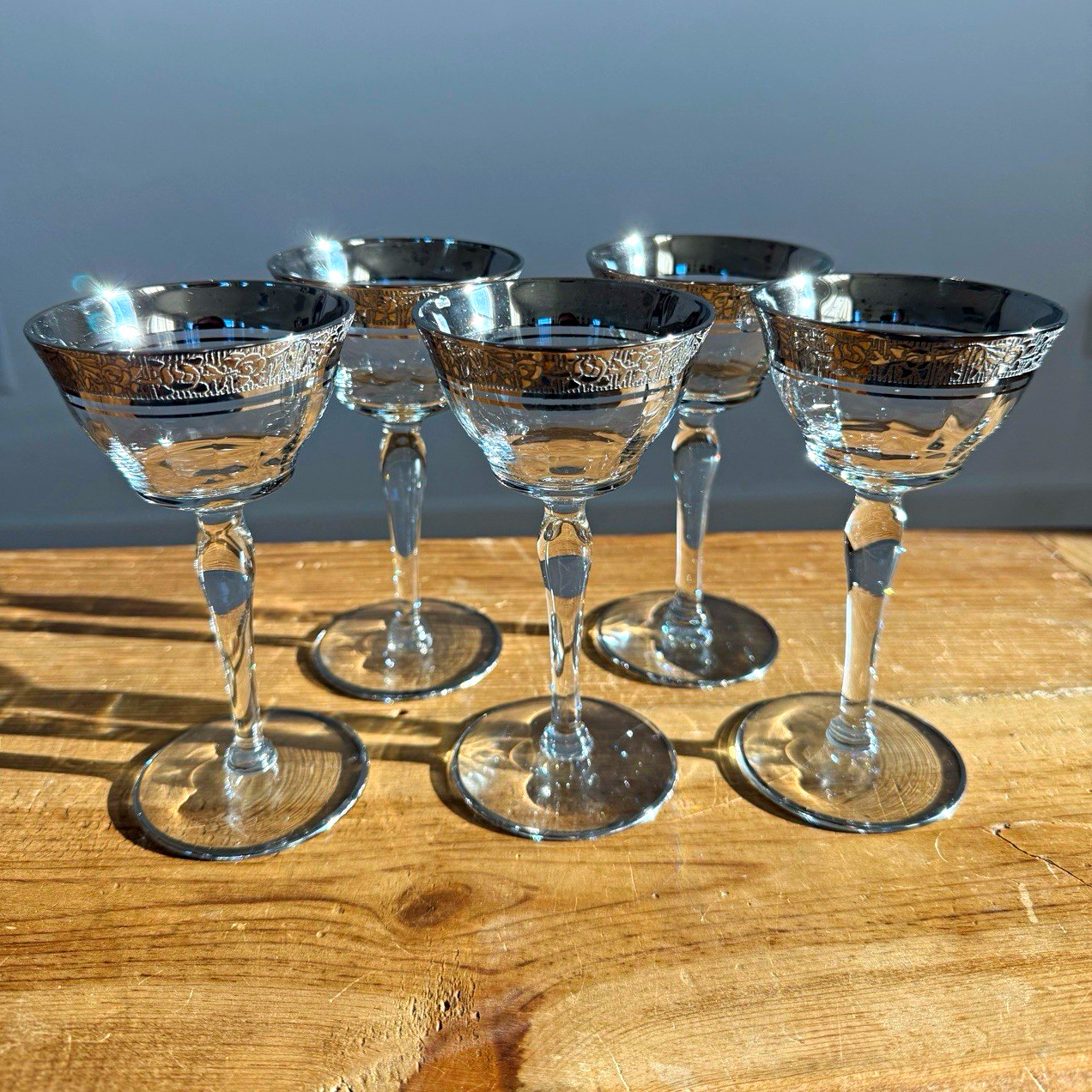 Tiffin Franciscan Rambler Rose Platinum Crystal Coupe Glasses - Set of 5