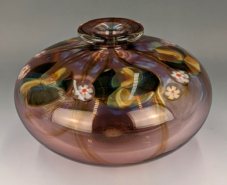 Vintage Mary Angus 1982 Signed Studio Art Glass Pillow Vase Millefiori Lily Pad