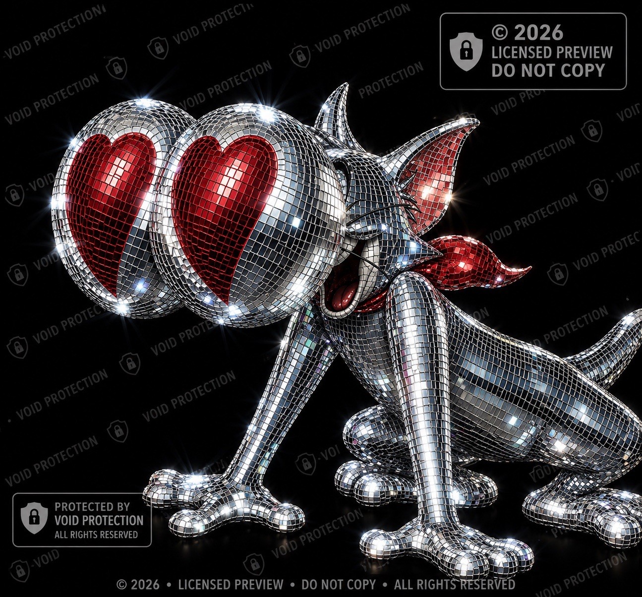 Silver Red Shiny Metal Cat Figurine with Heart Eyes, Animals Theme, 2026
