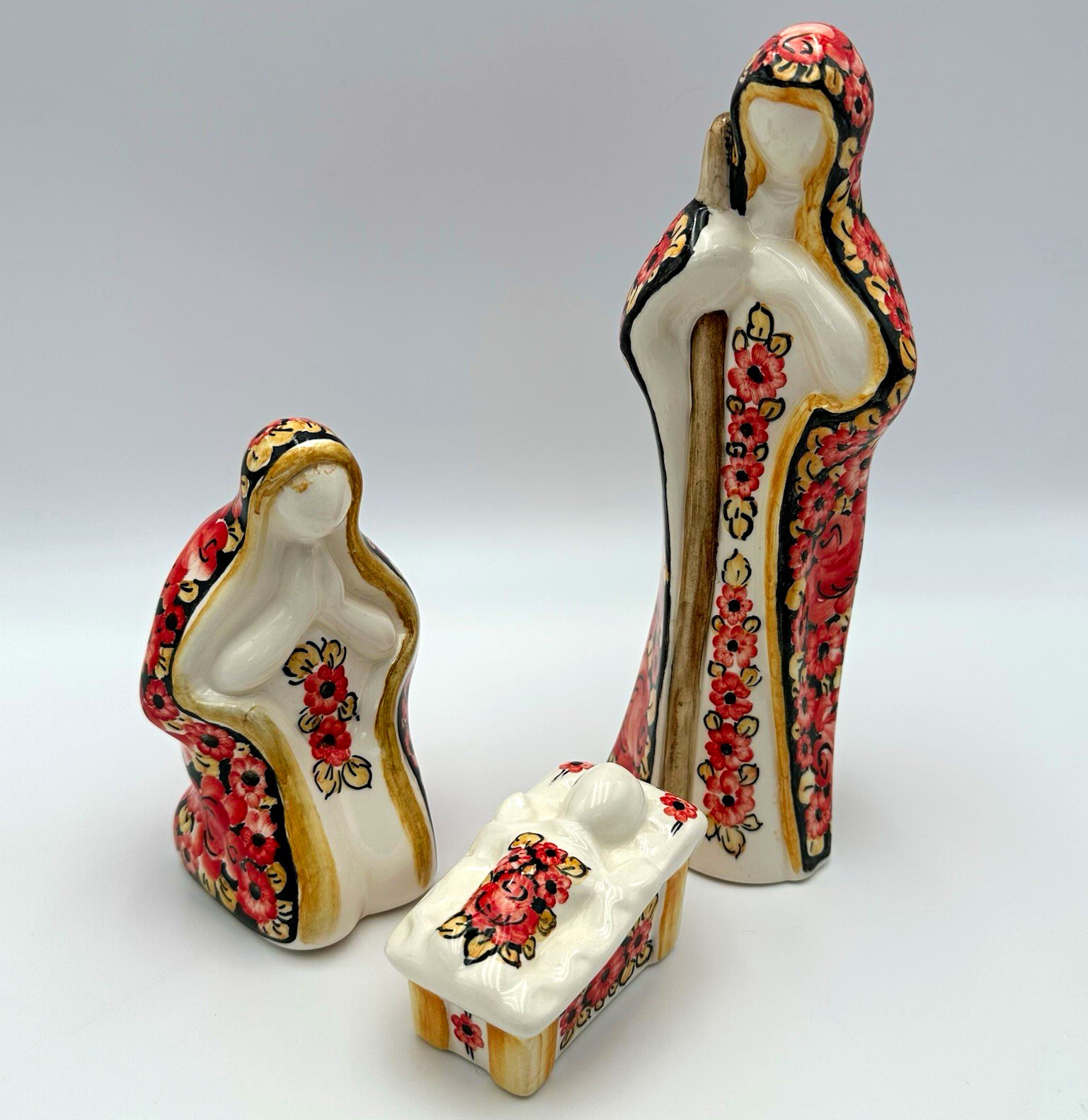 Fabryka Fajansu Wloclawek 3pc Ceramic Nativity Set Joseph Mary Jesus Floral POL￼